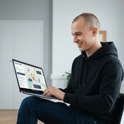 Person using a laptop with a map of Avignon on screen, showing local SEO concepts for netlinking