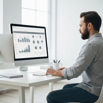 Person analyzing SEO metrics on a dashboard on a desktop computer, clean image