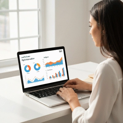 Person using a laptop to analyze SEO data with charts and graphs, representing local business optimization in Avignon