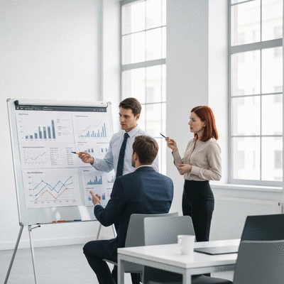 Deux professionnels discutant devant un tableau blanc avec des graphiques SEO, symbolisant la confiance et la collaboration