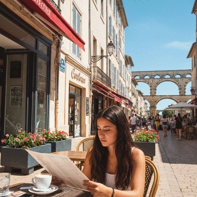 Person using a laptop to search for local businesses in Avignon, with a map on the screen.