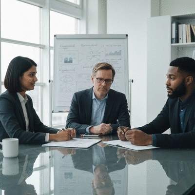 People discussing SEO strategy around a table, representing collaboration and planning