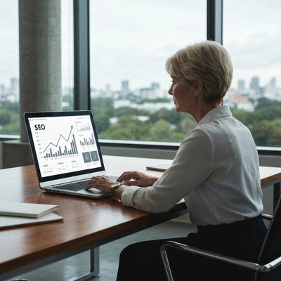 Personne travaillant sur un ordinateur portable avec des graphiques SEO affichés