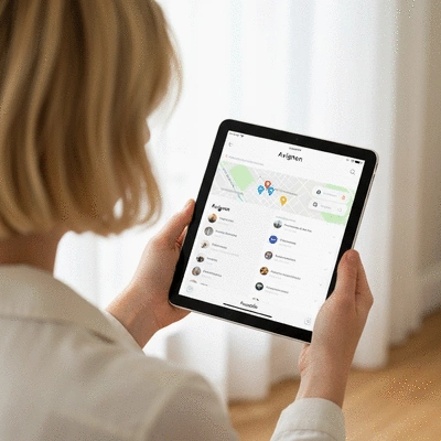 A person holding a tablet showing local search results for businesses in Avignon, with a map and business listings