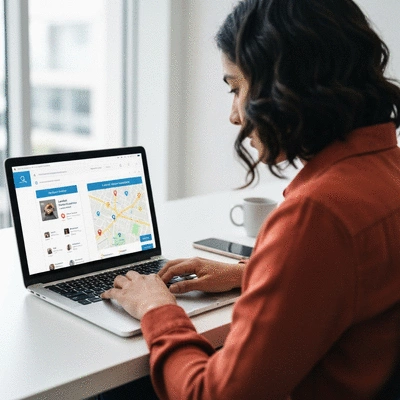 Person using a laptop to search for local businesses, representing LLM-based SEO