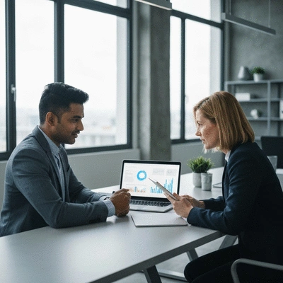 Two people discussing SEO strategies on a tablet and laptop in a modern office setting