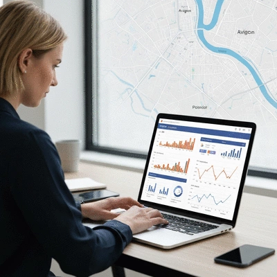 Personne travaillant sur un ordinateur portable avec des graphiques SEO affich&eacute;s, en arri&egrave;re-plan une carte stylis&eacute;e d'Avignon