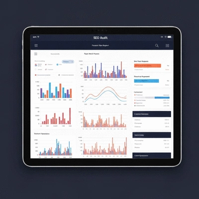 Detailed SEO audit report on a tablet with graphs and data, no text, no words, no typography, clean image