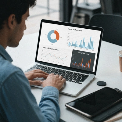 Person analyzing business data on a laptop, with charts and graphs visible, clean image, no text