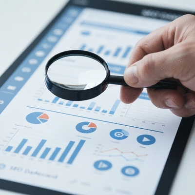 Une main tenant une loupe au-dessus d'un tableau de bord SEO affichant des m&eacute;triques et des graphiques, avec des ic&ocirc;nes d'analyse et d'optimisation, no text, no words, no typography, no labels, clean image