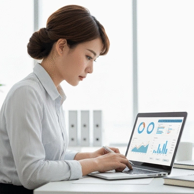 Professional SEO expert analyzing data on a laptop, with charts and graphs on screen, clean image