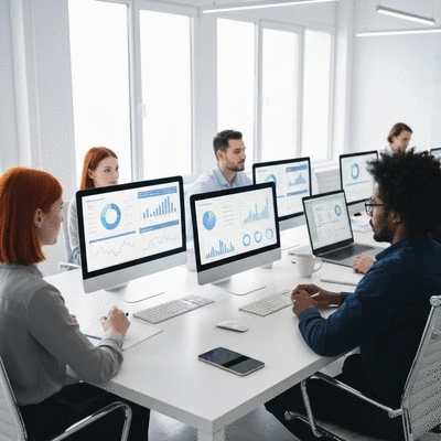 Modern office setting with a team collaborating on SEO strategy, computers displaying analytics, no text, no words, no typography, clean image