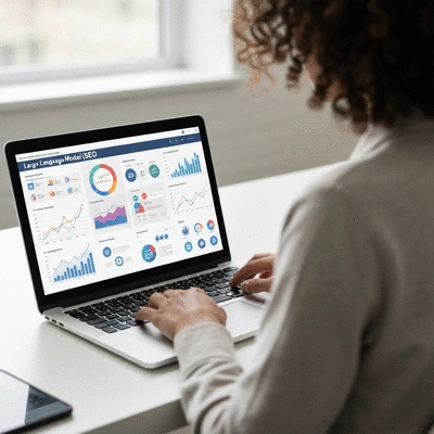 Personne utilisant un ordinateur portable avec des graphiques de r&eacute;f&eacute;rencement superpos&eacute;s, illustrant l'int&eacute;gration des LLM dans le SEO