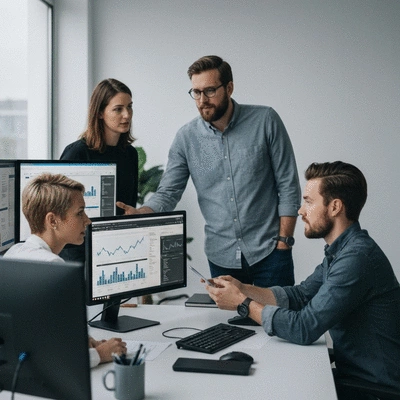 Team of SEO specialists collaborating in a modern office, reviewing data on multiple screens, representing expertise and data analysis, no text, no words, no typography, 8K