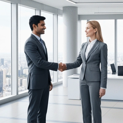Two business people shaking hands in a modern office, symbolizing local partnerships