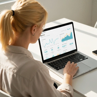 Person working on a laptop, showing website analytics and SEO metrics on screen, clean image