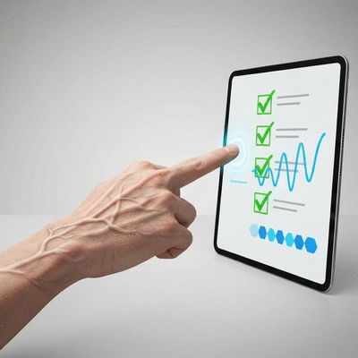 A close-up of a hand pointing to a checklist on a tablet, indicating progress