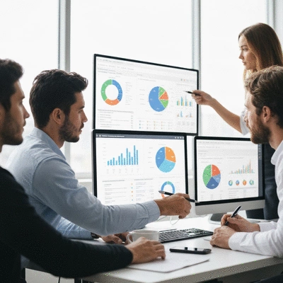 Team of SEO specialists collaborating on a technical SEO audit, showing charts and data on screens, clean image, no text, no words, no typography