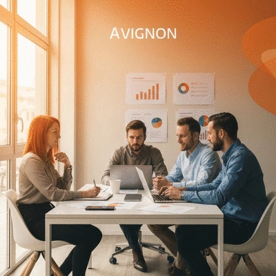 Professional team collaborating on SEO strategy in a modern office, Avignon aesthetic