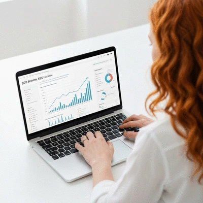 Person using a laptop with SEO analytics on screen, showing an upward trend graph, no text, no words, no typography, clean image