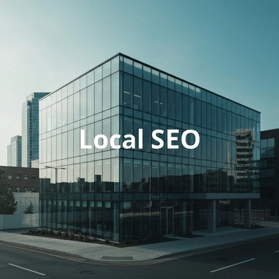 Modern business building with a clear glass facade and a prominent 'Local SEO' sign, set in an urban environment, no text, no words, no typography, 8K