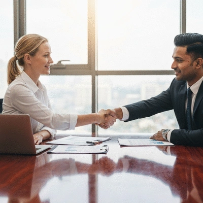Two business people shaking hands over a table with documents and a laptop, symbolizing a successful SEO negotiation