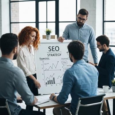 Diverse team collaborating on SEO strategy, showing teamwork and effective budget management in a modern office environment