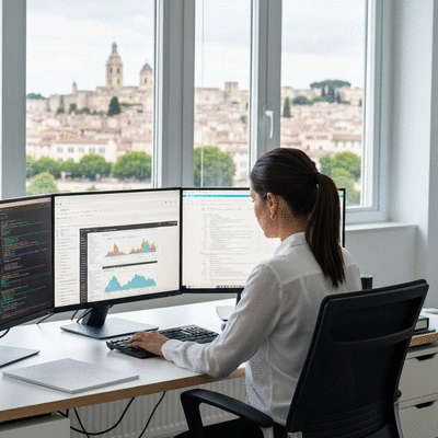 Professional SEO consultant working at a desk with multiple screens displaying website analytics and code, showing a dedicated approach to technical SEO, modern office, Avignon in background, no text, no words, no typography, no labels, clean image