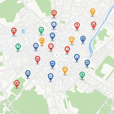 Detailed map showing local businesses highlighted in a city, symbolizing local SEO
