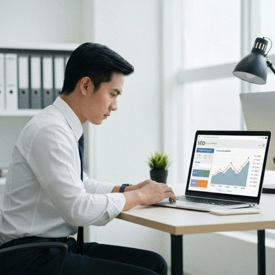 Person using a laptop with SEO analytics on screen, showing growth and positive trends, clean office background, professional setting