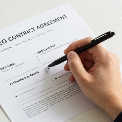 Close-up of a hand pointing at a SEO contract agreement with a pen, illustrating different billing models like fixed, hourly, or performance-based, clean image, no text, no words, no typography, no labels