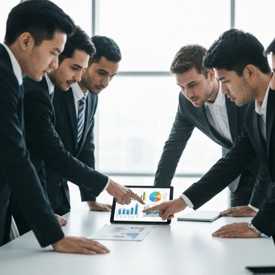 Business professionals discussing SEO strategy, pointing at charts on a tablet, in a modern, brightly lit office, no text, no words, no typography, clean image