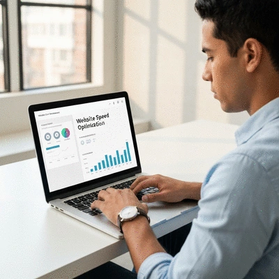 Person using a laptop with website speed optimization metrics on screen, representing local SEO in Avignon