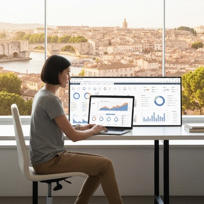 Person using a laptop to analyze SEO data on a dashboard, with Avignon cityscape in the background, no text, no words, no typography, no labels, clean image
