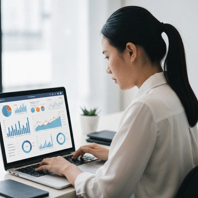 Person using a laptop to review SEO data, showing graphs and charts
