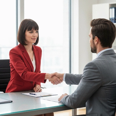 Two business people shaking hands in a modern office setting, symbolizing trust and partnership
