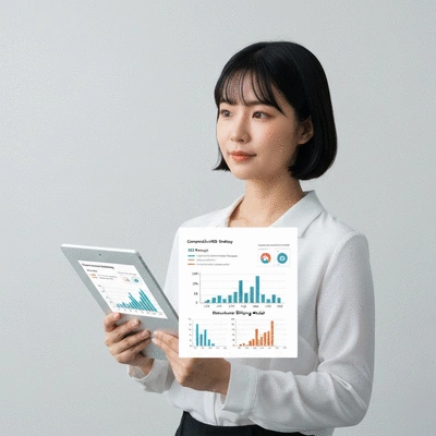 Person holding a tablet with SEO strategy keywords and graphs, illustrating different billing models and their impact on budget and effectiveness, clean image, no text, no words, no typography, no labels