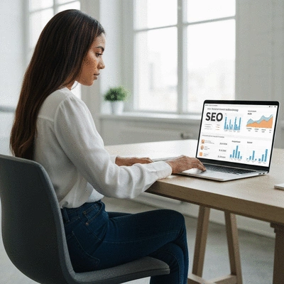 Person using a laptop with SEO metrics on screen, illustrating website redesign impact