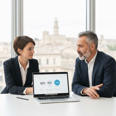Two business people discussing SEO strategy over a laptop in a modern office, Avignon in background, no text, no words, no typography, clean image