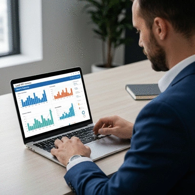 Business owner reviewing local SEO analytics on a laptop, showing growth charts