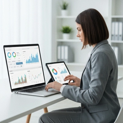 Person using various SEO tools on a laptop and tablet, clean image
