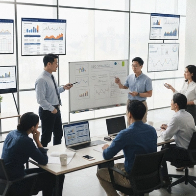 Modern office setting with team collaborating on SEO strategy