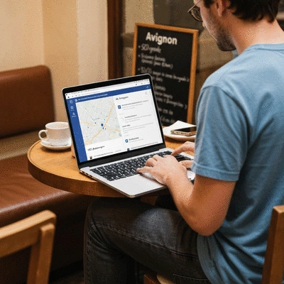 Person using a laptop to research SEO agencies in Avignon, showing a map and search results, clean image, no text, no words, no typography