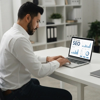Person using a laptop to review SEO checklist, with graphs and data on screen