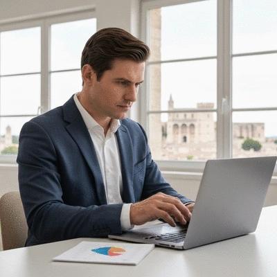 Business owner reviewing local SEO analytics on a laptop with Avignon city view in background