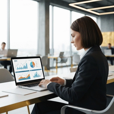 Professional woman analyzing SEO data on a laptop in a modern office