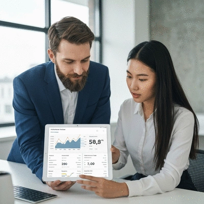 Business owner consulting with an SEO expert in a modern office