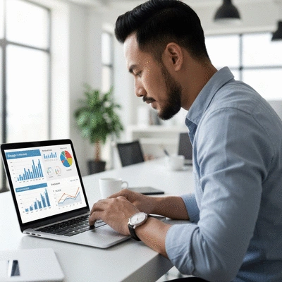 Person analyzing SEO data on a laptop with charts and graphs, representing budget allocation and ROI evaluation