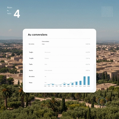 Main tenant une loupe au-dessus d'un tableau de bord Google Analytics 4, montrant des donn&eacute;es de trafic et de conversion, avec un fond flou d'une ville (Avignon), ambiance d'analyse et de strat&eacute;gie