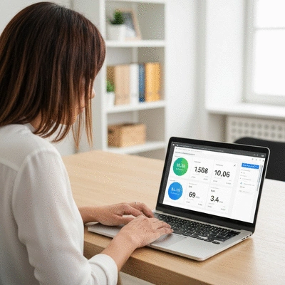 Person using a laptop to optimize website speed, showing fast loading metrics on screen, no text, no words, no typography, clean image